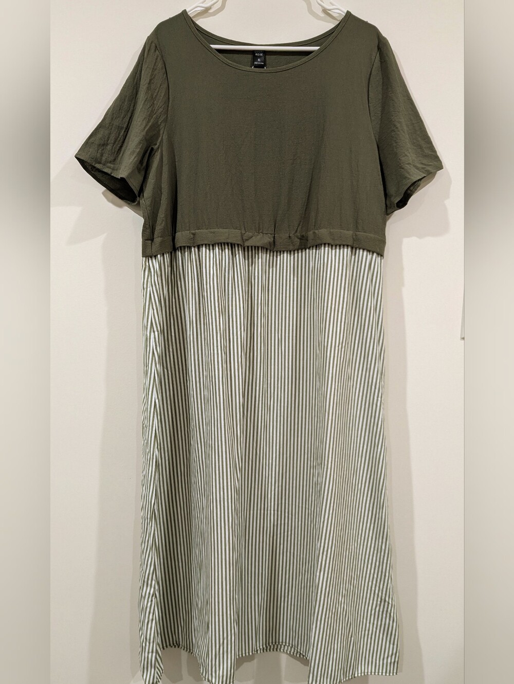 Relaxed Two-Tone Olive & Stripe Midi Dress